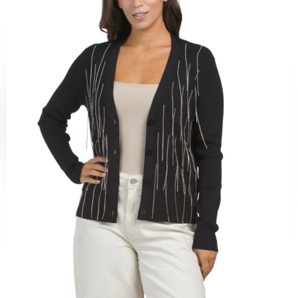 Elie Tahari rhinestone fringe Cardigan with Silver Detailing NWT retail $345
